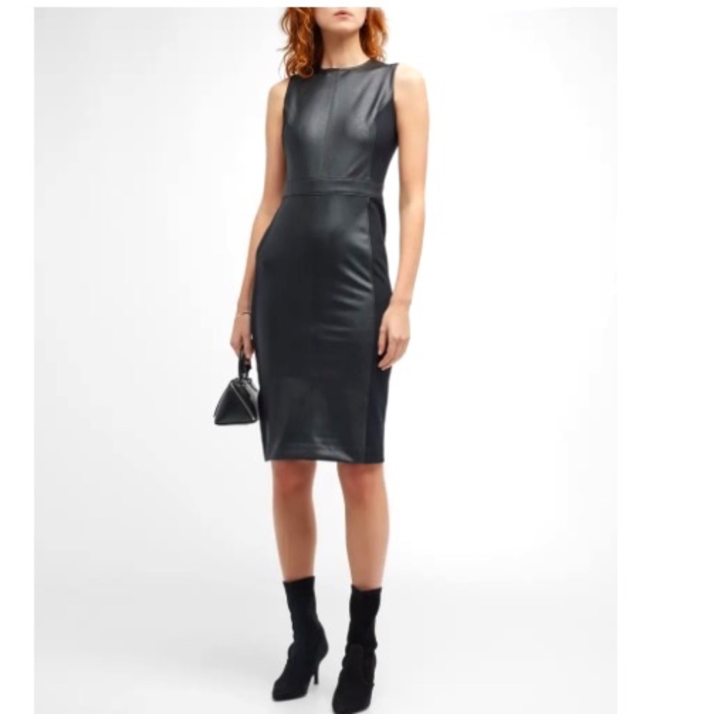 Spanx Mixed Media Faux Leather Stretch Fitted Midi Dress